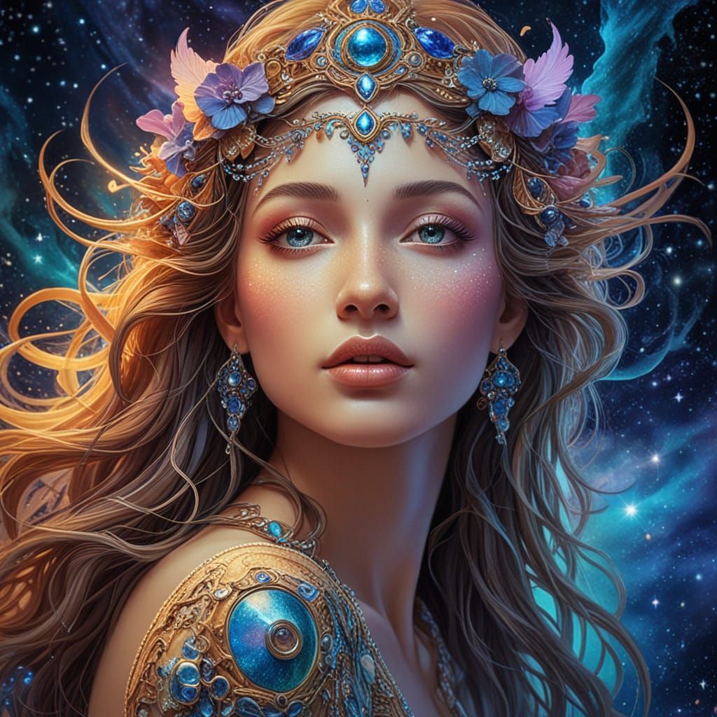 Cosmic Woman Emerges from Nebula in Surreal Art