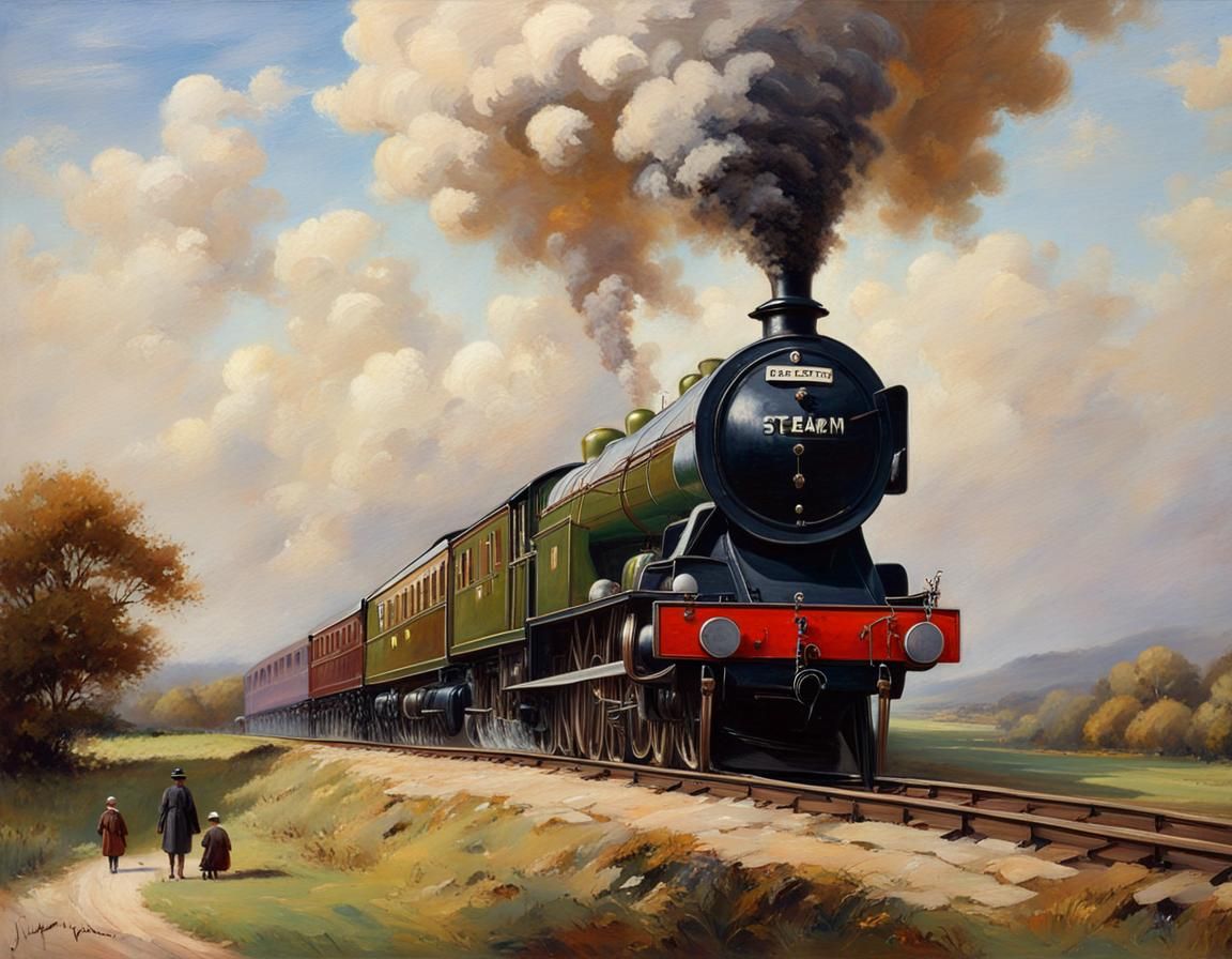 Steam Train in English Countryside: Oil Painting