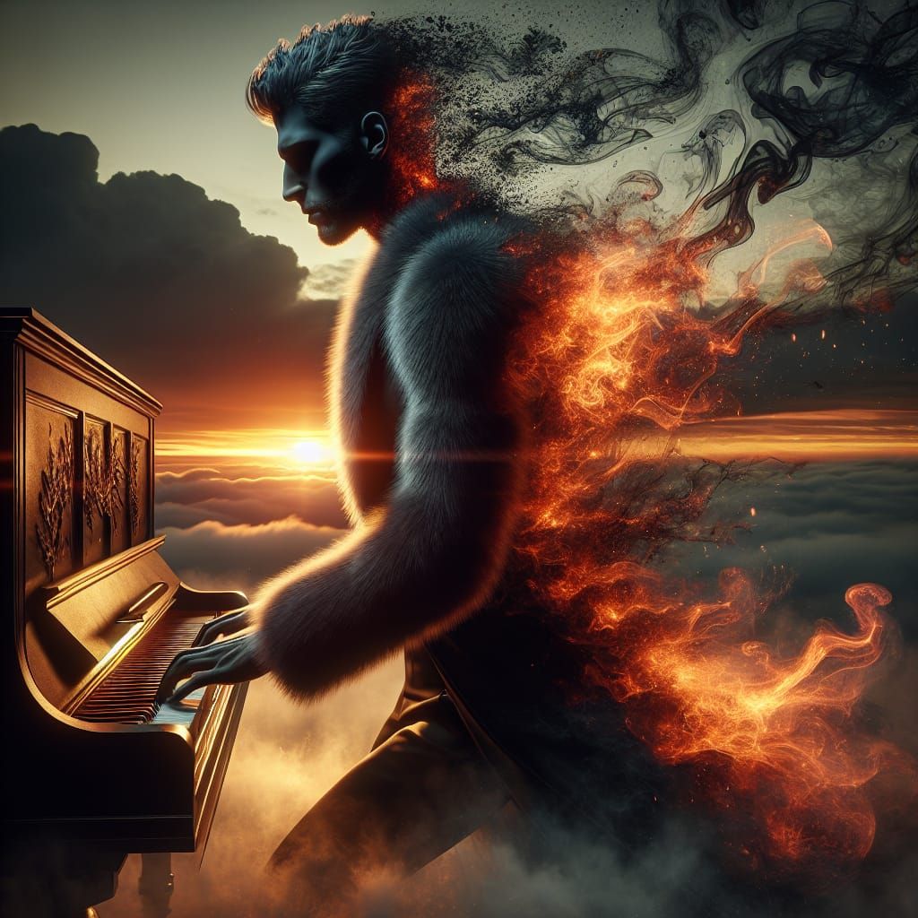 Ethereal Man in Fur Coat at Fiery Sunset