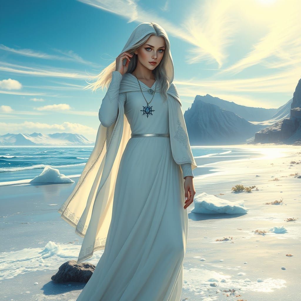 Snow Elf Sorceress Arwen Aetherwind on Skyrim Beach