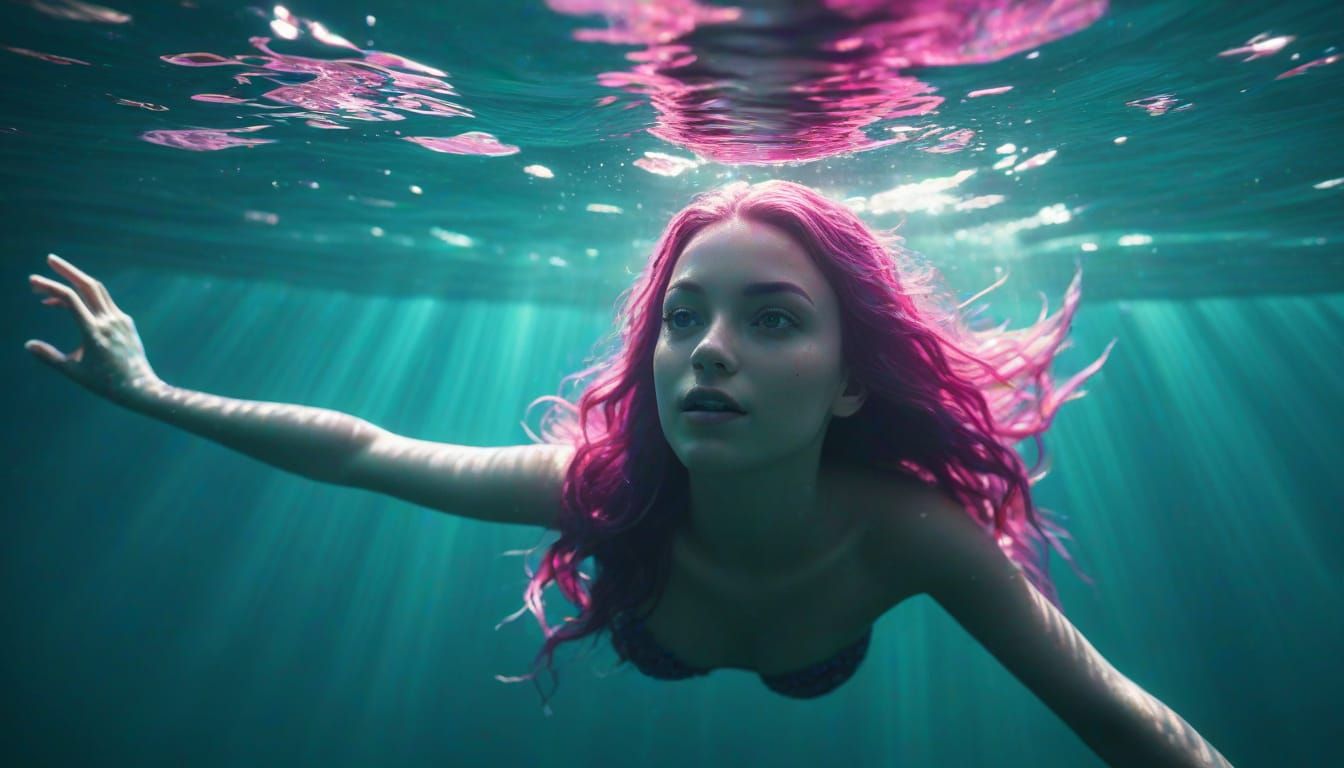 Cyan Mermaid with Fuchsia Scales Under the Sea