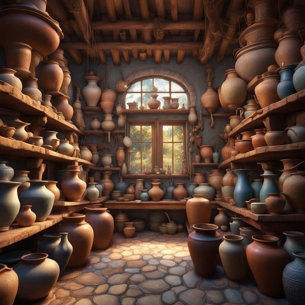 Detailed Pottery Shop Interior in Matte Painting Style