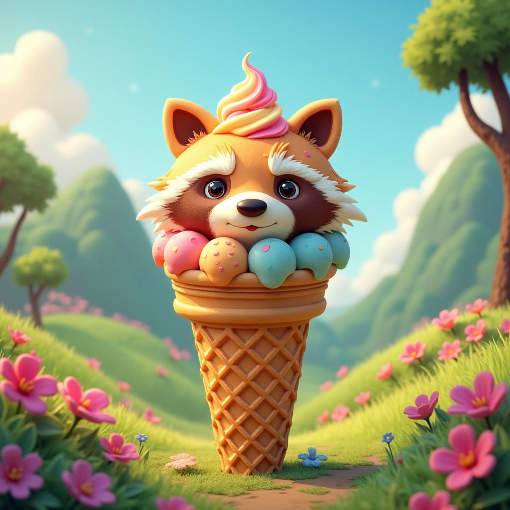 Whimsical Waffle Raccoon in Dreamy Landscape