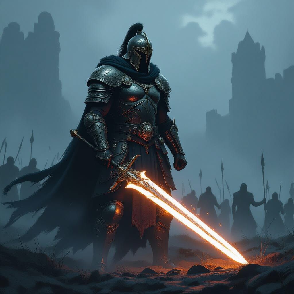 Victorious Warrior in Misty Battlefield, Fantasy Art