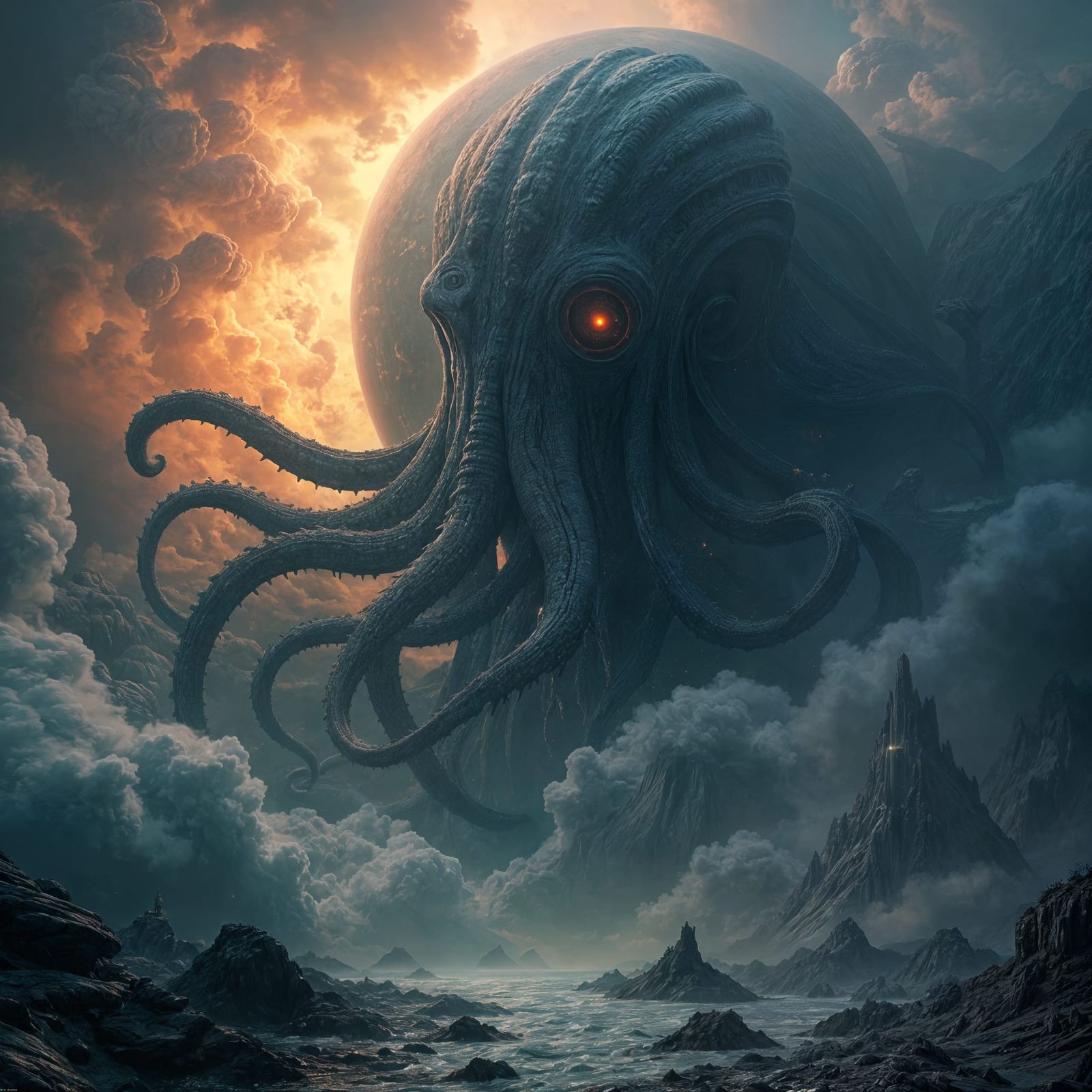 Cthulhu Consumes a Futuristic Planet in a Vibrant, Detailed....