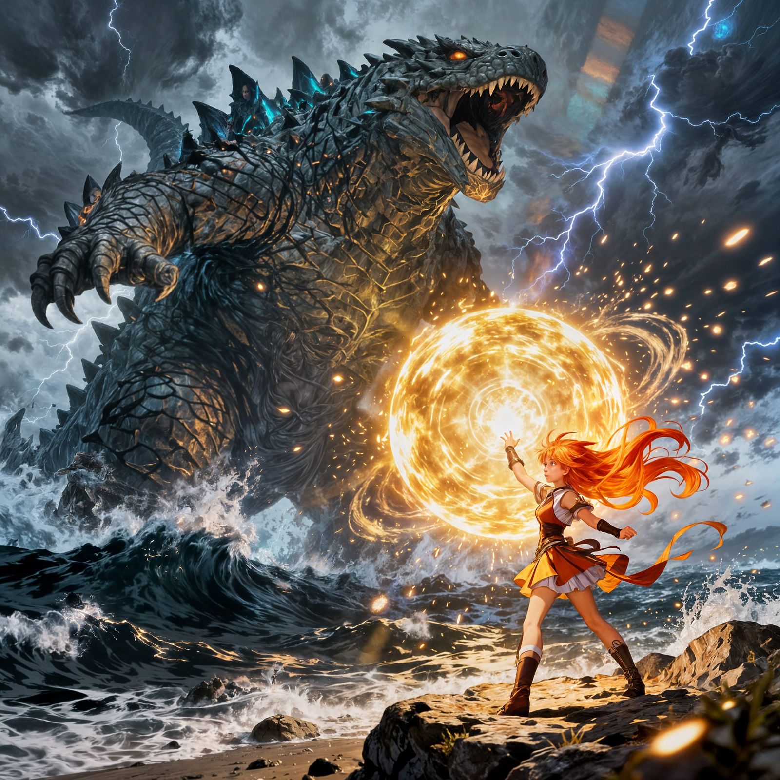 Sorceress Fights Kaiju in Shonen Anime Climax