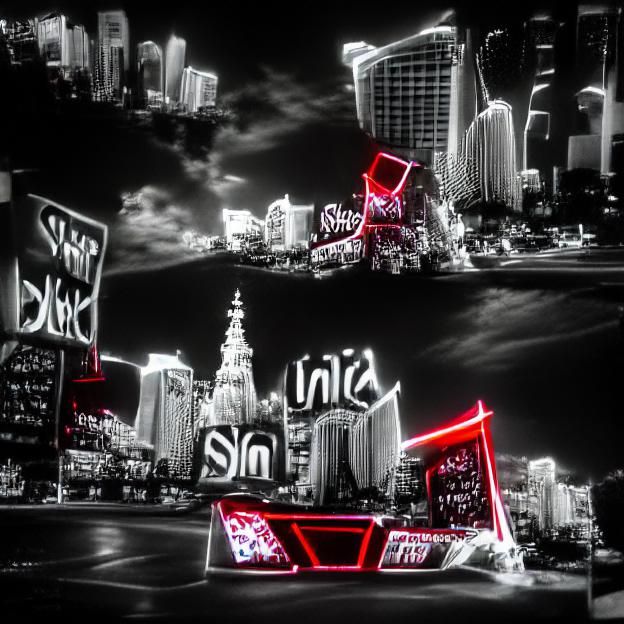 Monochrome Cityscape with Red Neon 'Sin City' Sign