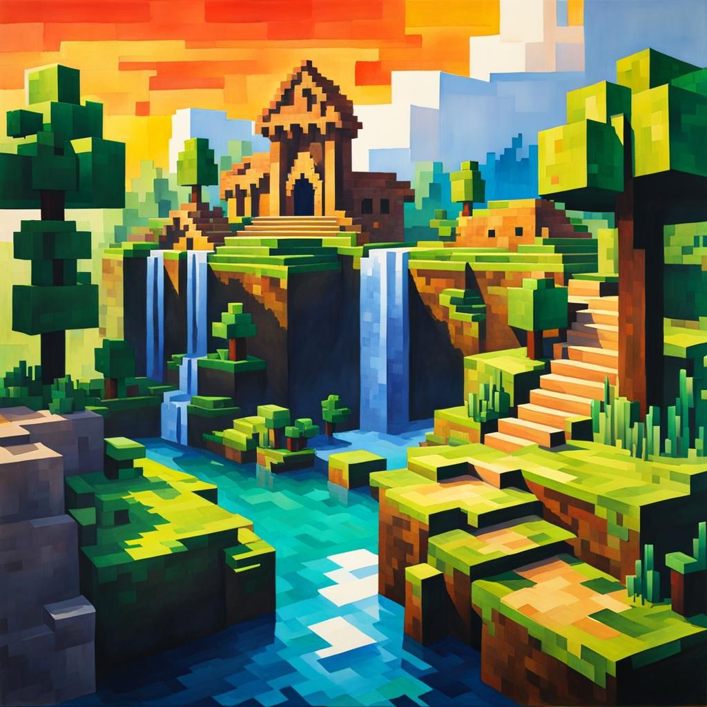 Minecraft Scene as Gouache Impressionist Painting