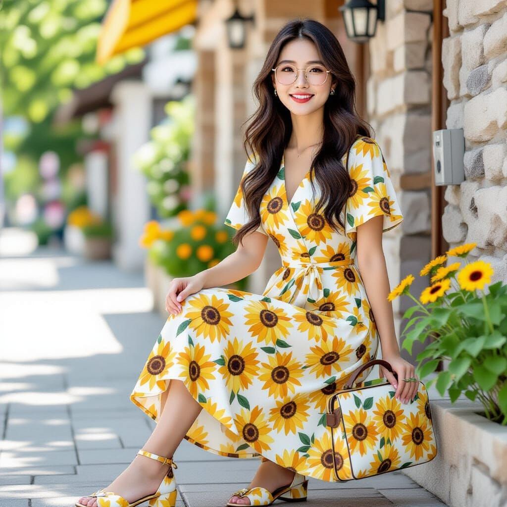 Korean Woman in Sunflower Dress and Accessories