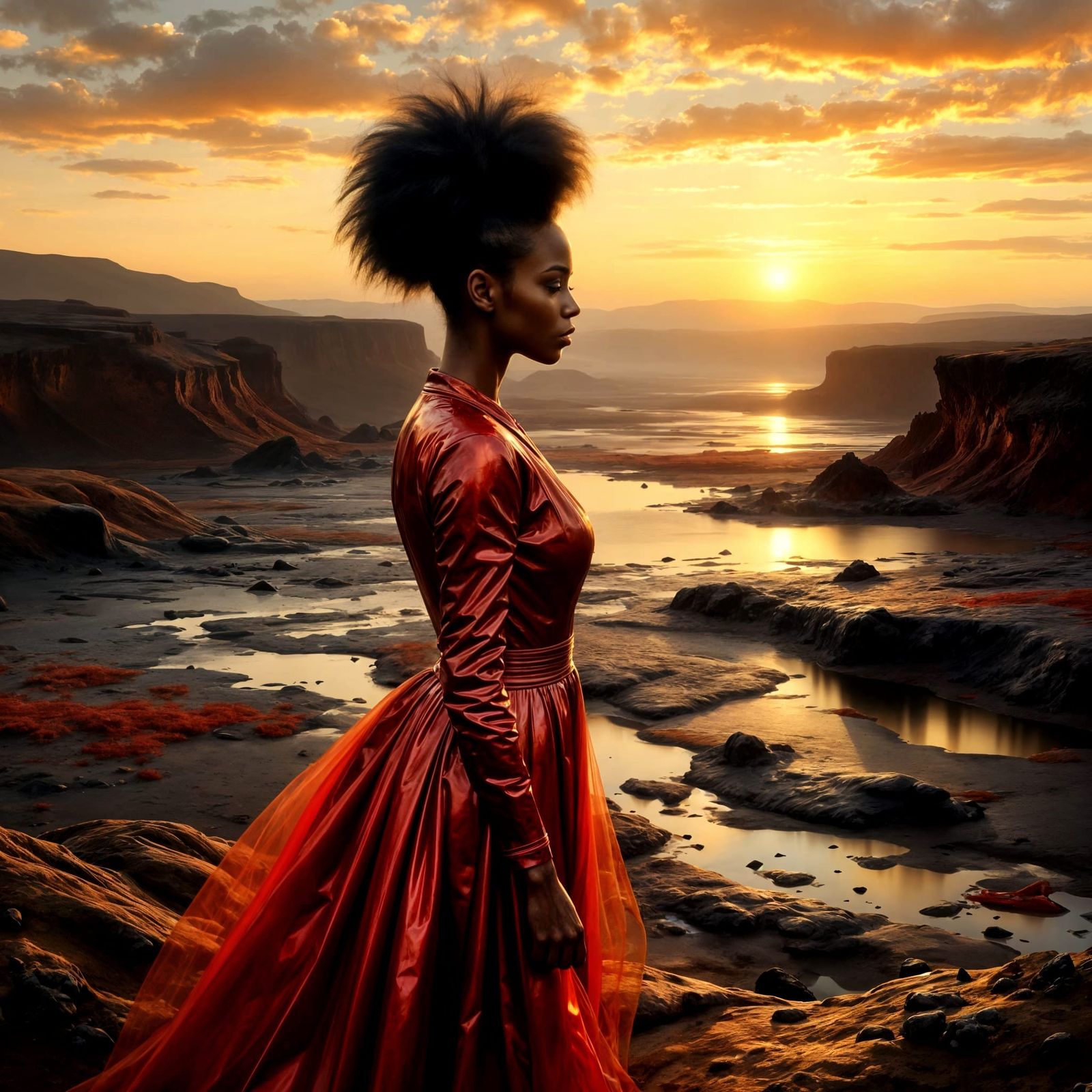 Elegant Woman in Gold Gown, Oil Glaze