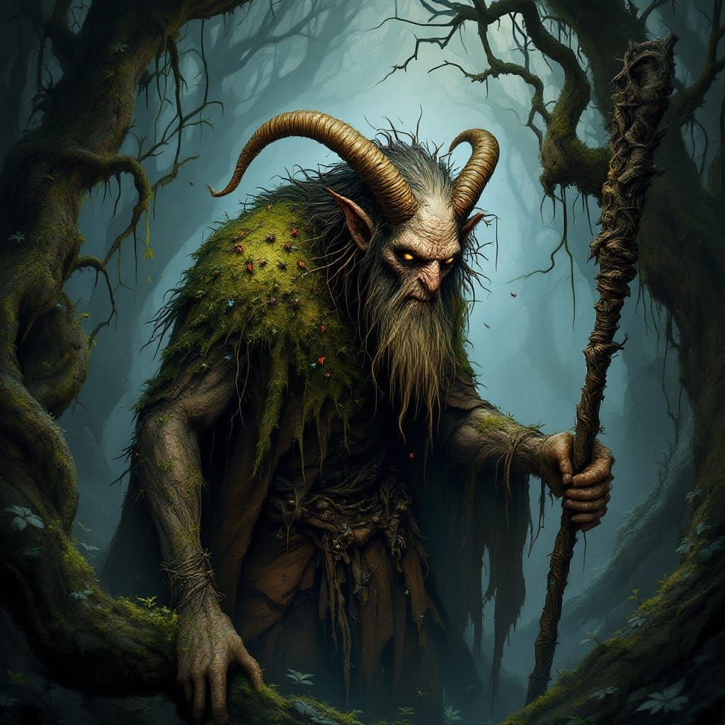 Twisted Swamp Faun in Dark, Foreboding Landscape