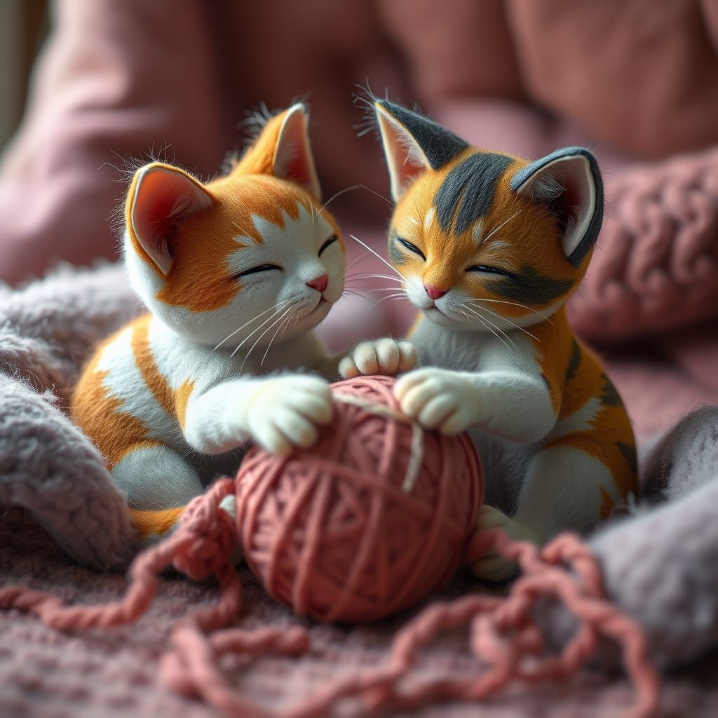 Felt Cats Play in Whimsical Fantasy Art Style