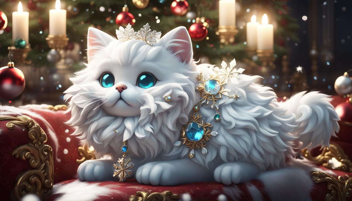 white fluffy chibi kitten with diadem jewels christmas christmas snowflakes on baroque sofa laying 3D Game Cinematic Fee...