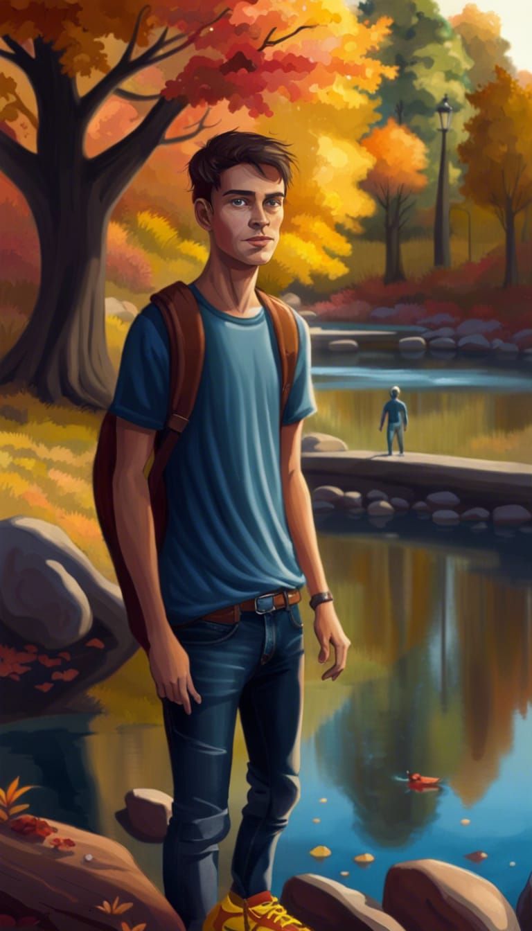 College Student and Alien Girl by Pond, Digital Art