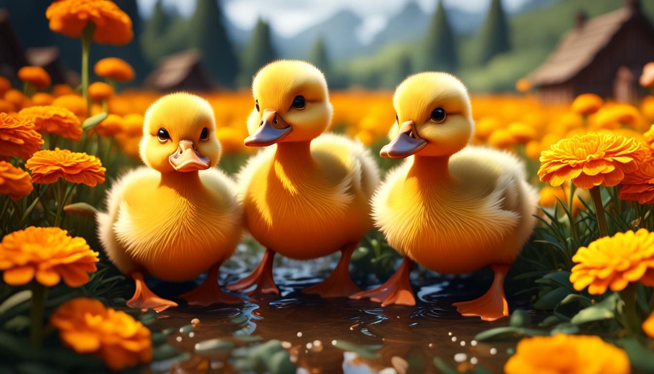 Kawaii Ducklings in Marigold Field: Digital Art