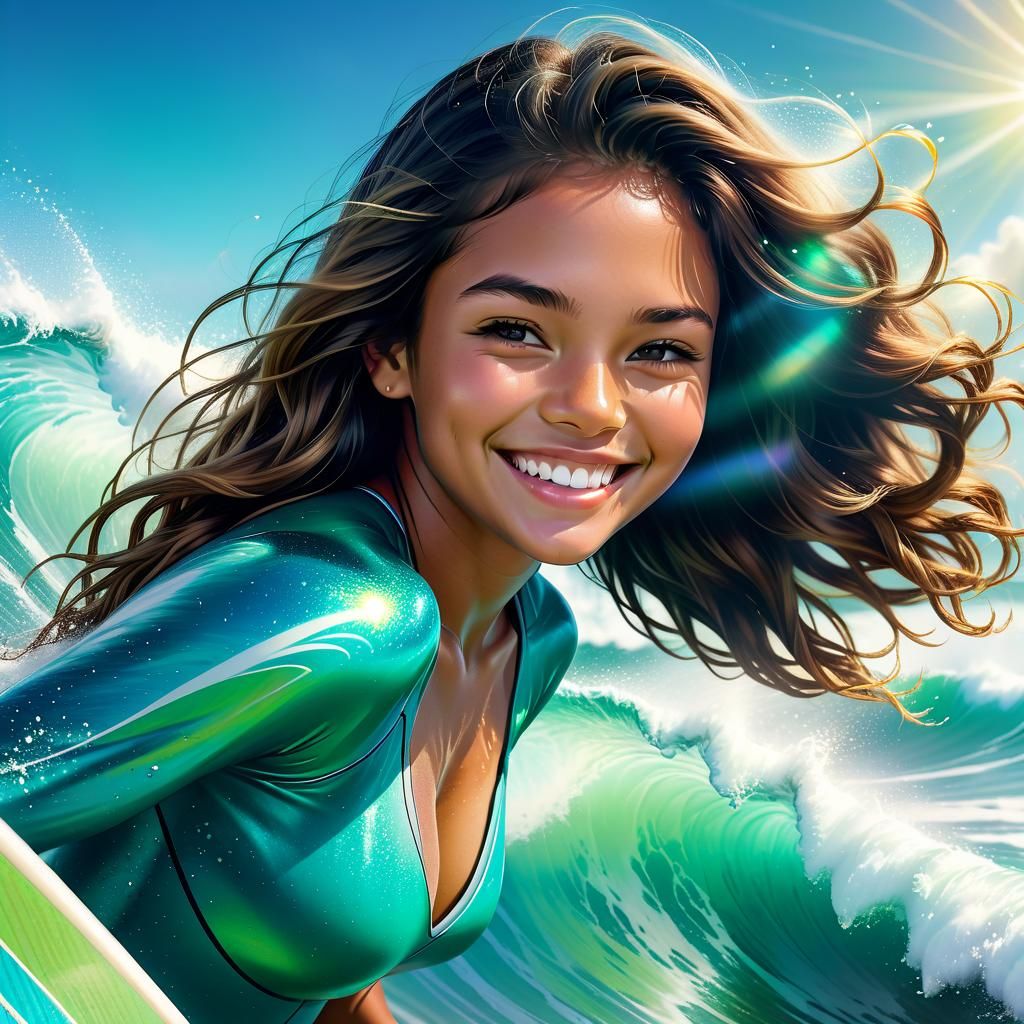 Radiant Surfer Girl Rides a Luminous Wave