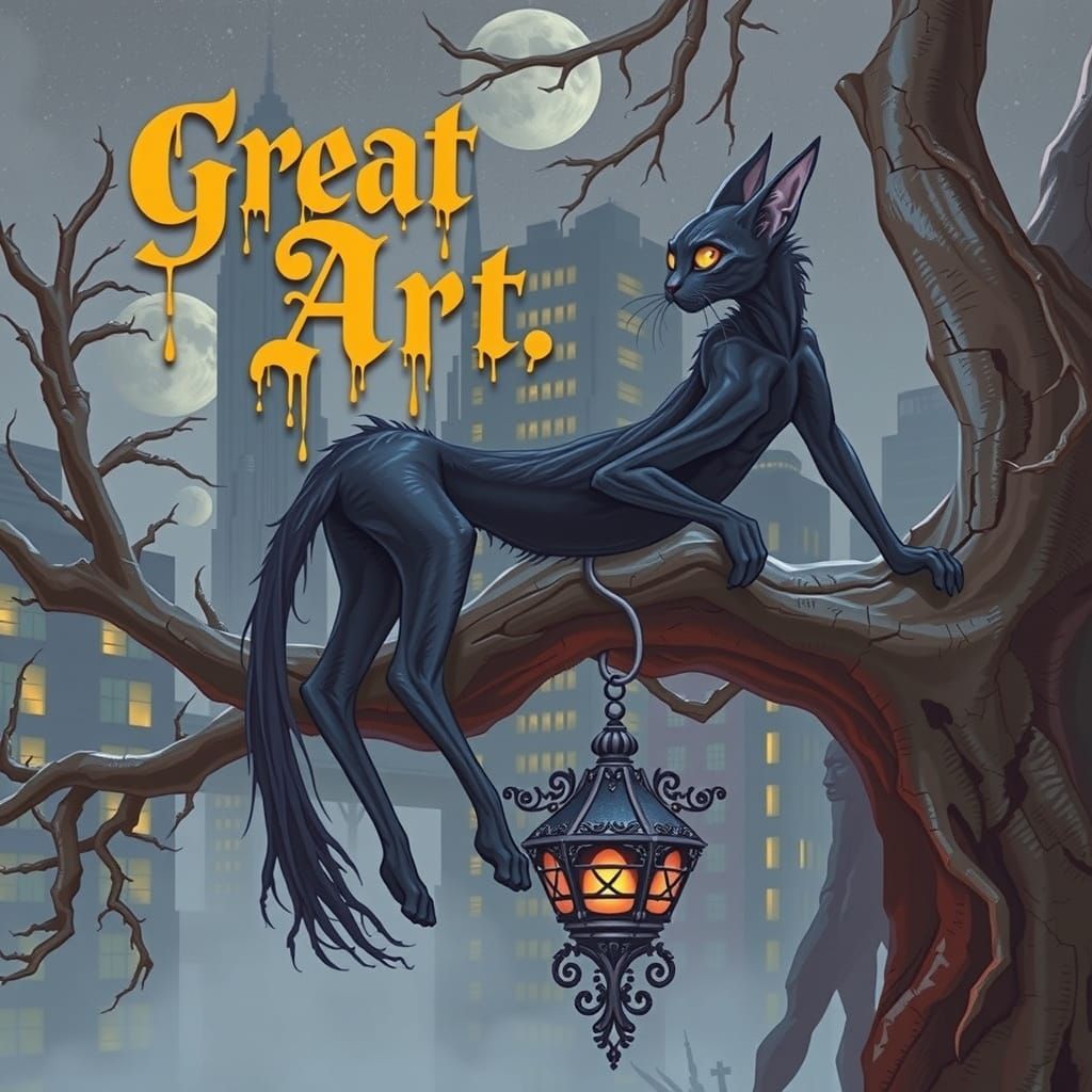 Text that says, "Great Art" in a 3D bold, dripping fantasy horror font,  reminiscent of a grotesque, gothic manuscript, ...