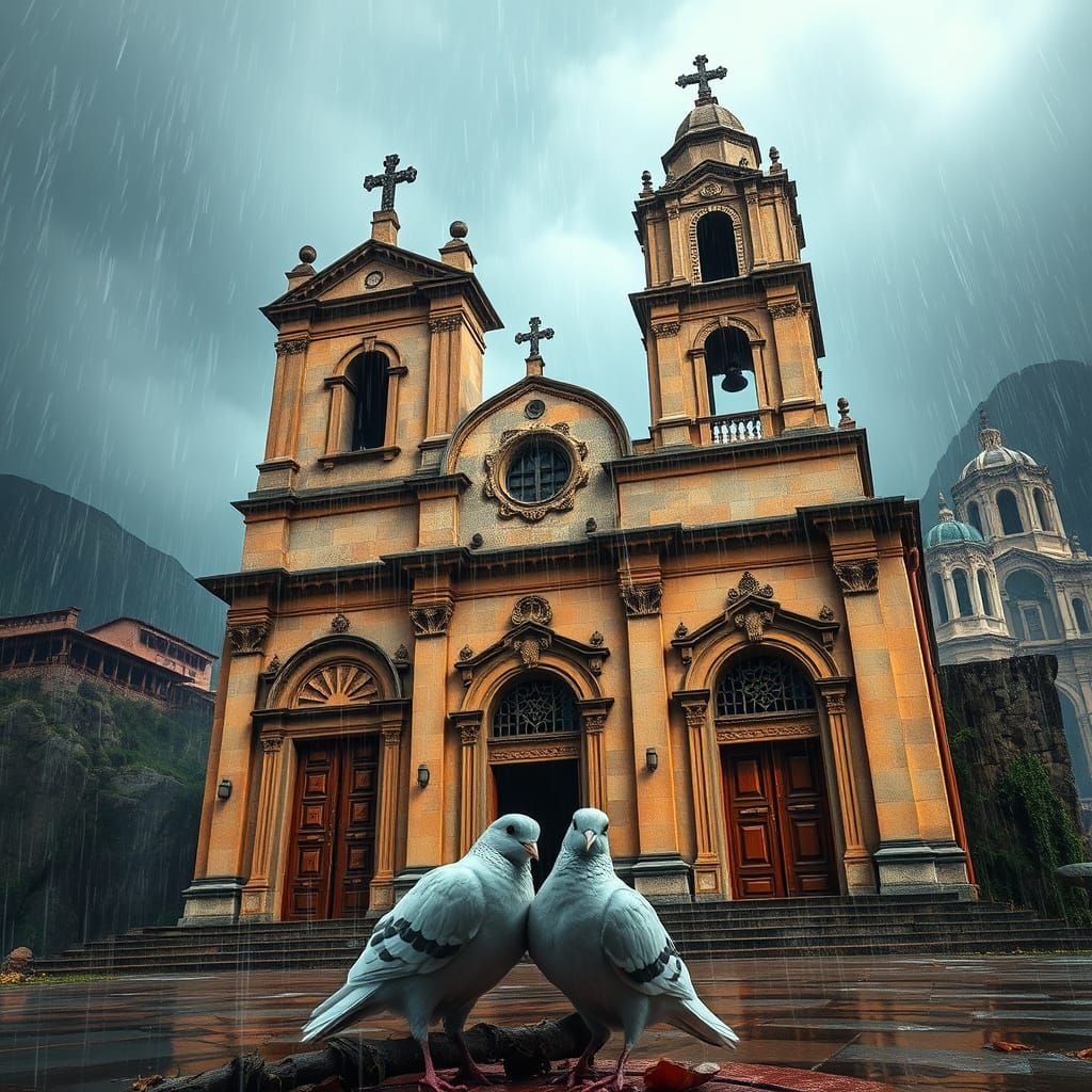 Baroque Church in the Andes Storm, Doves Seeking Refuge