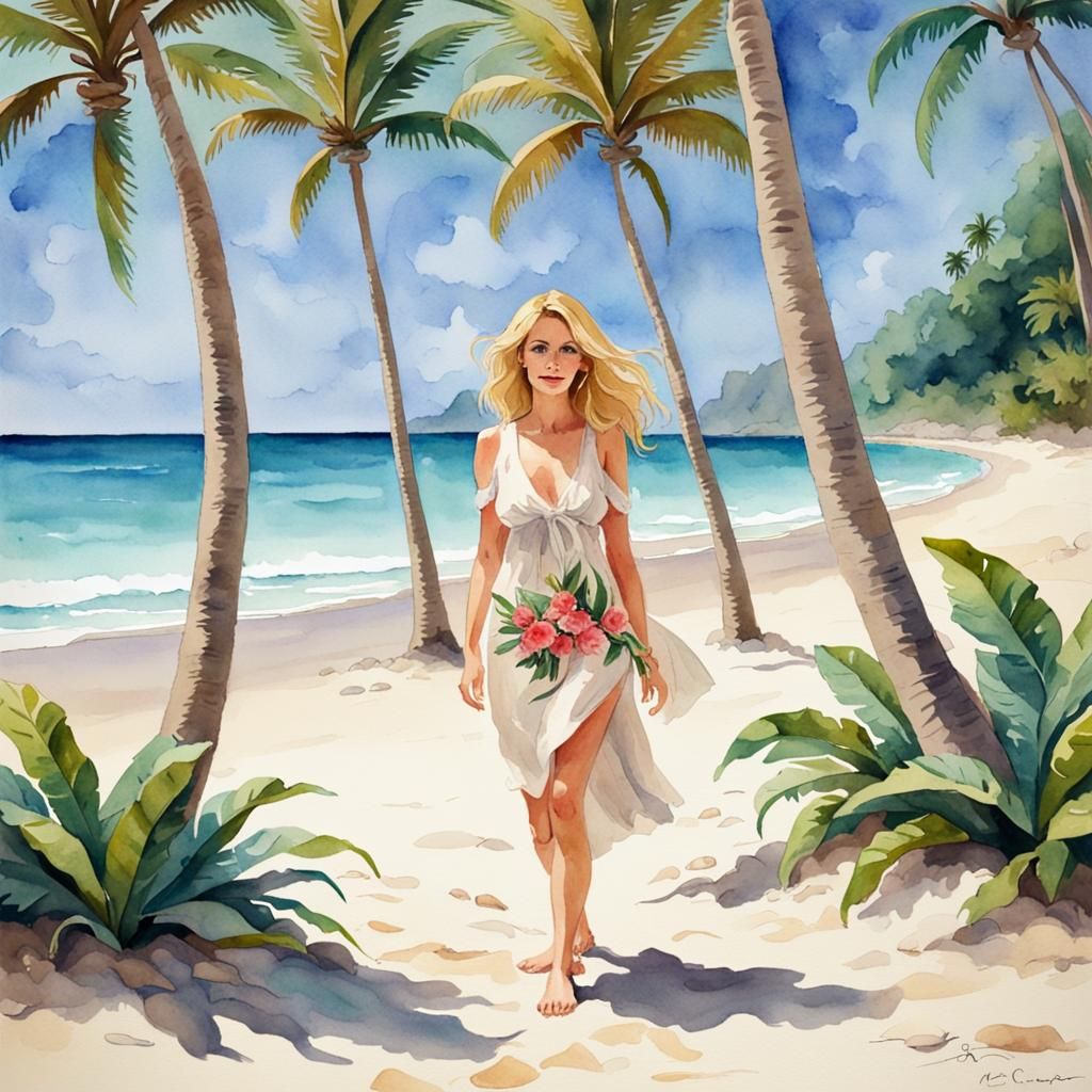 Watercolor Painting of Woman on Tropical Beach