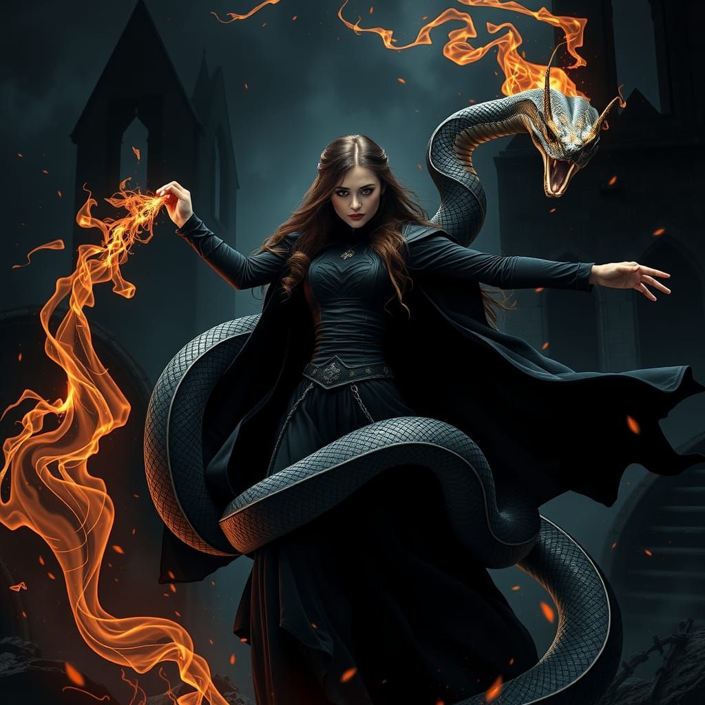 Epic Witch Battles Basilisk in Dark Hogwarts Landscape