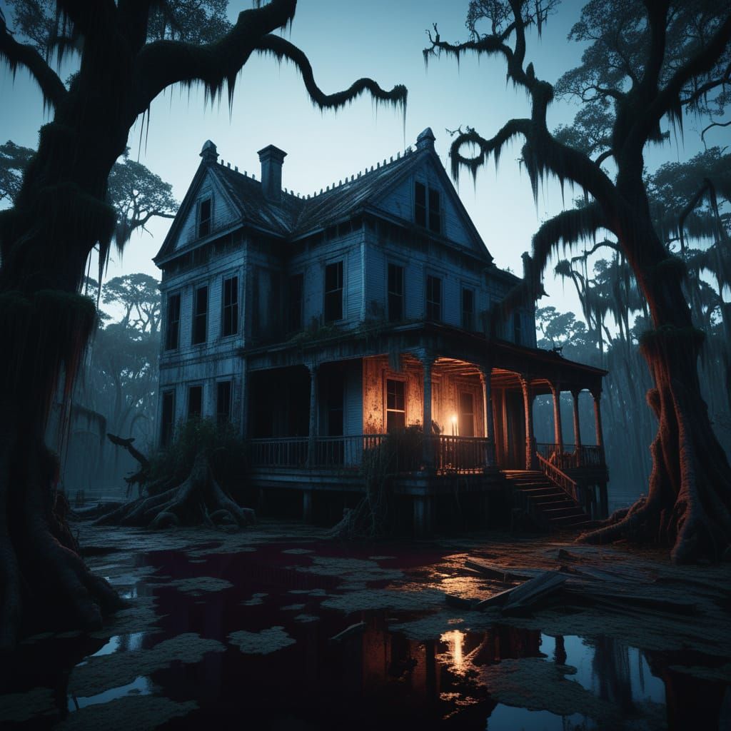 Surreal Moonlit Bayou Scene in Southern Gothic Style