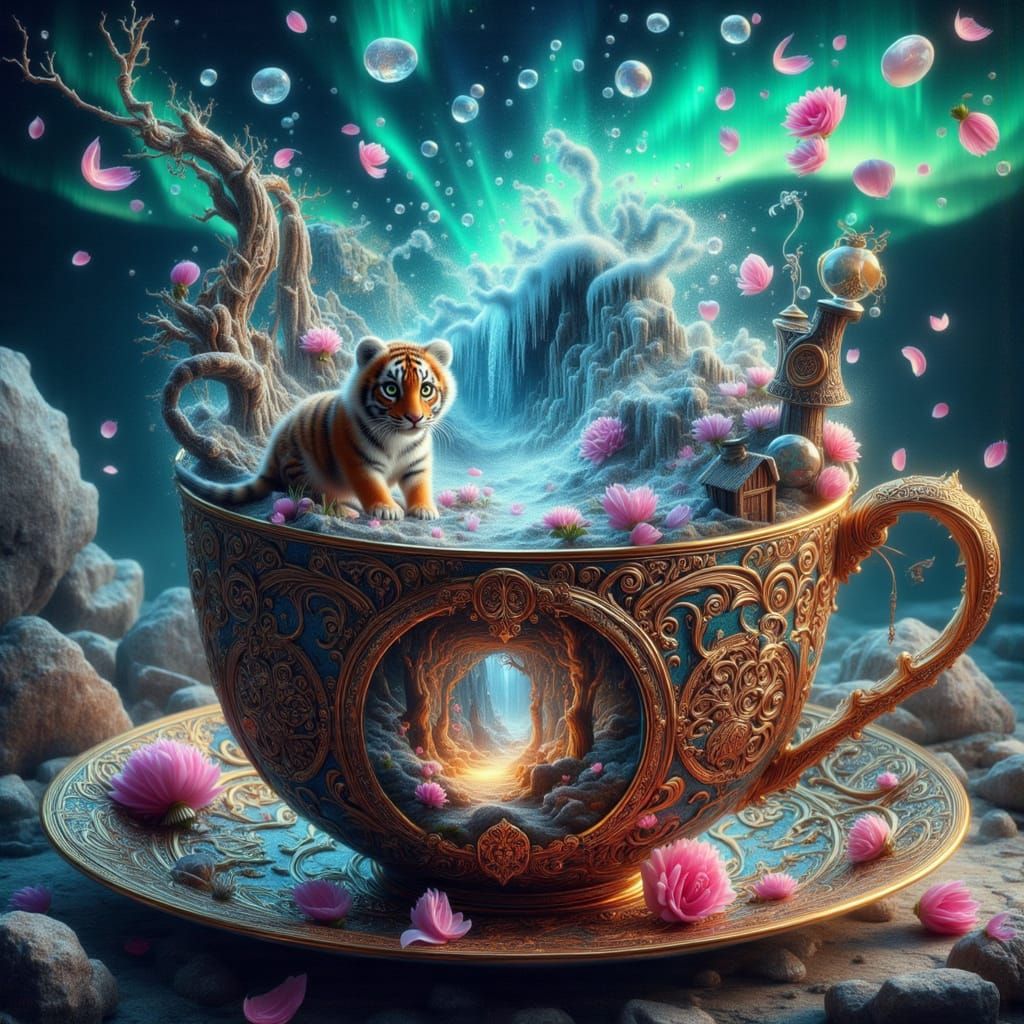 Tiny Tiger Cub in Miniature Kingdom Teacup