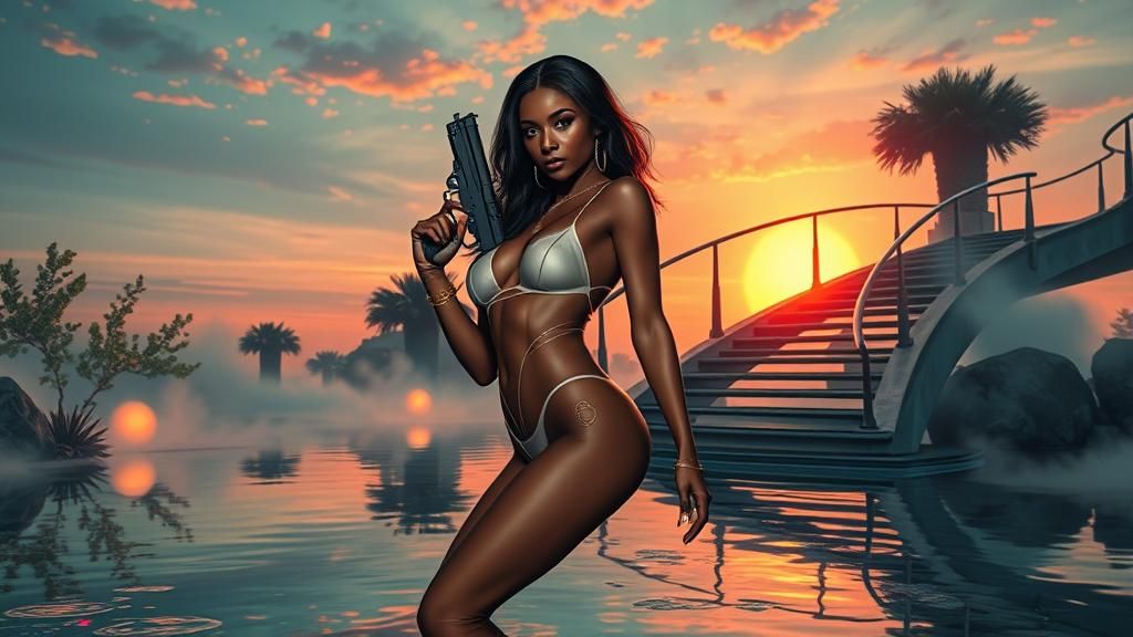 Gun-Toting Temptress in a Retro Sci-Fi Oasis