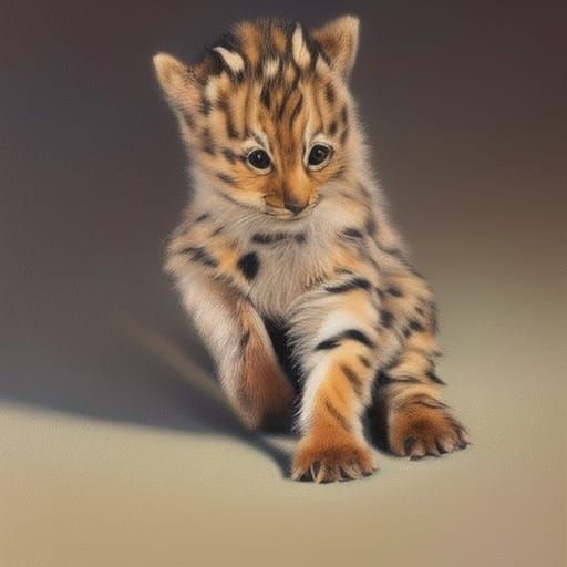 Leopard and Tiger Cubs: Oil Painting