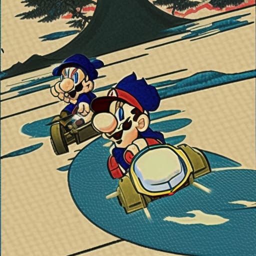 Mario Kart Race in Ukiyo-e Style
