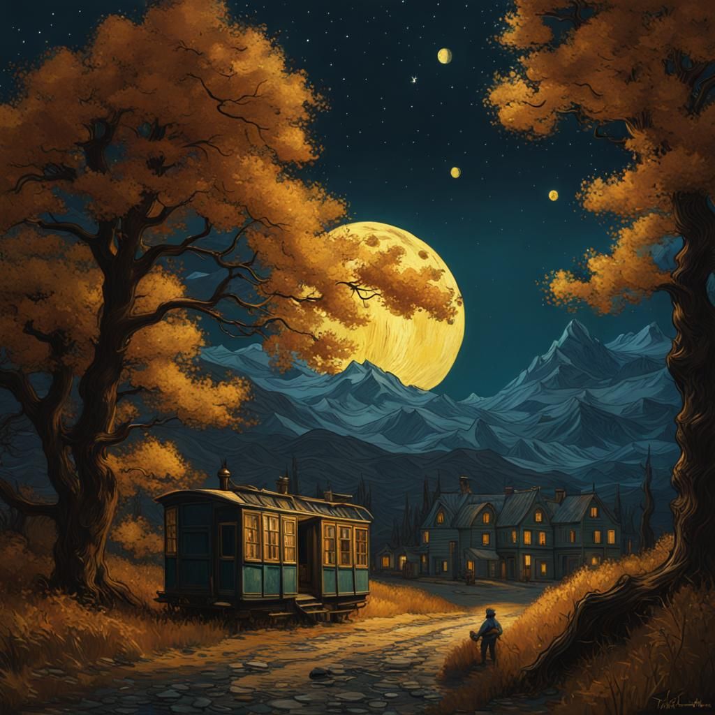 Man's Lunar Voyage as Van Gogh-Style Painting