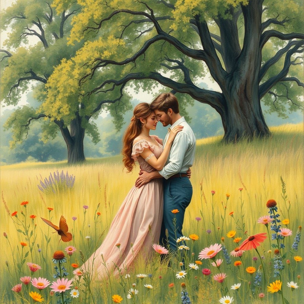 Romantic Pre-Raphaelite Couple in a Vibrant Meadow