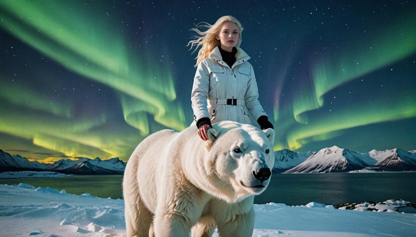 Nordic Beauty with Polar Bear Under Aurora