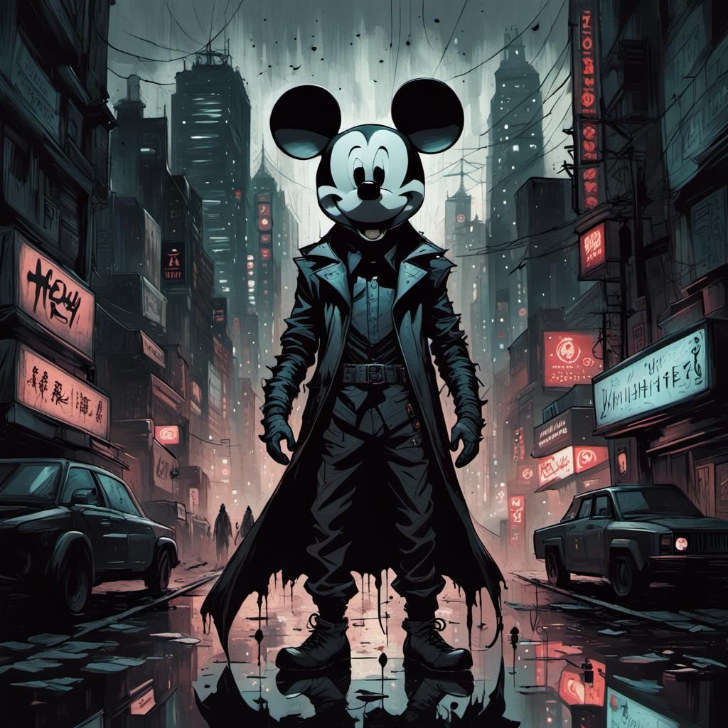 Evil Mickey Mouse in Dark Cyberpunk Noir