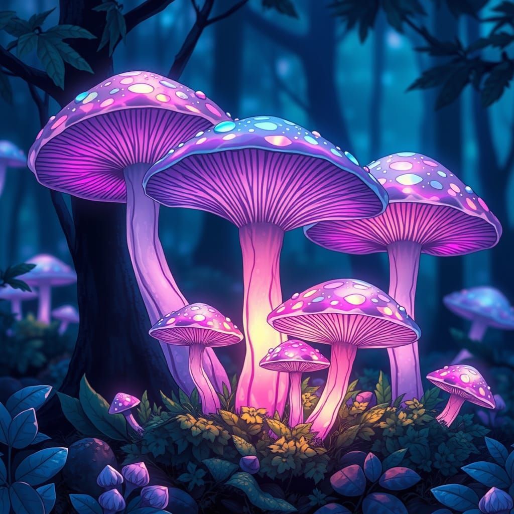 Iridescent Fungi Bloom in Mystical Forest