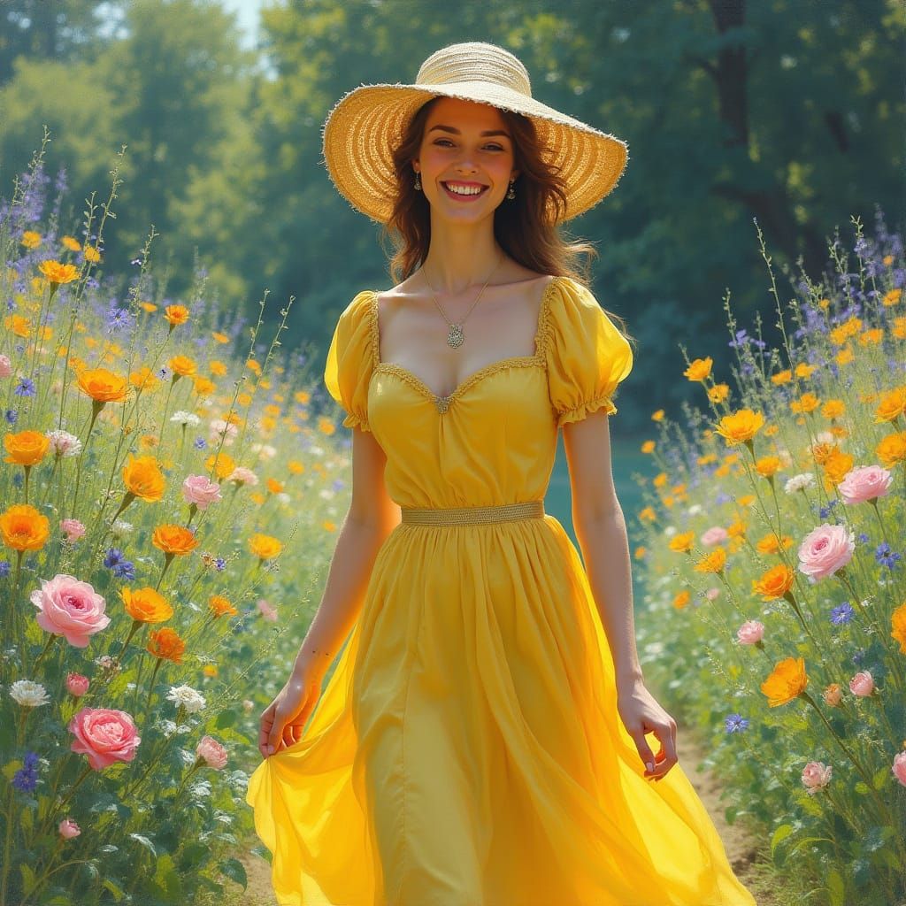 Elegant European Woman Strolls in a Floral Garden