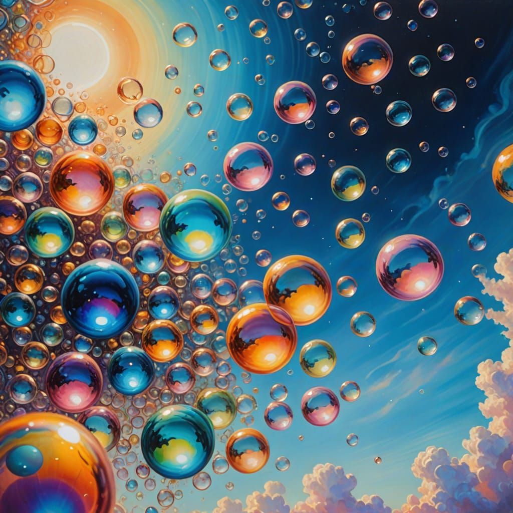 Iridescent Bubbles Float in Surreal Oil Painting