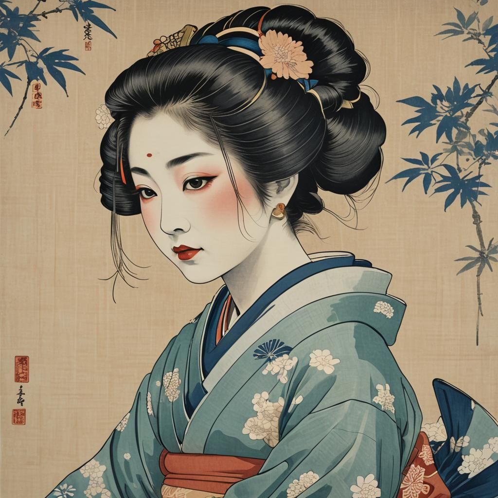 A portrait of a geisha or samurai, styled with the character...