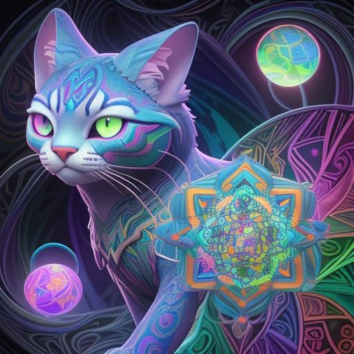 Vibrant Geometric Cat in a Mystical Atmosphere