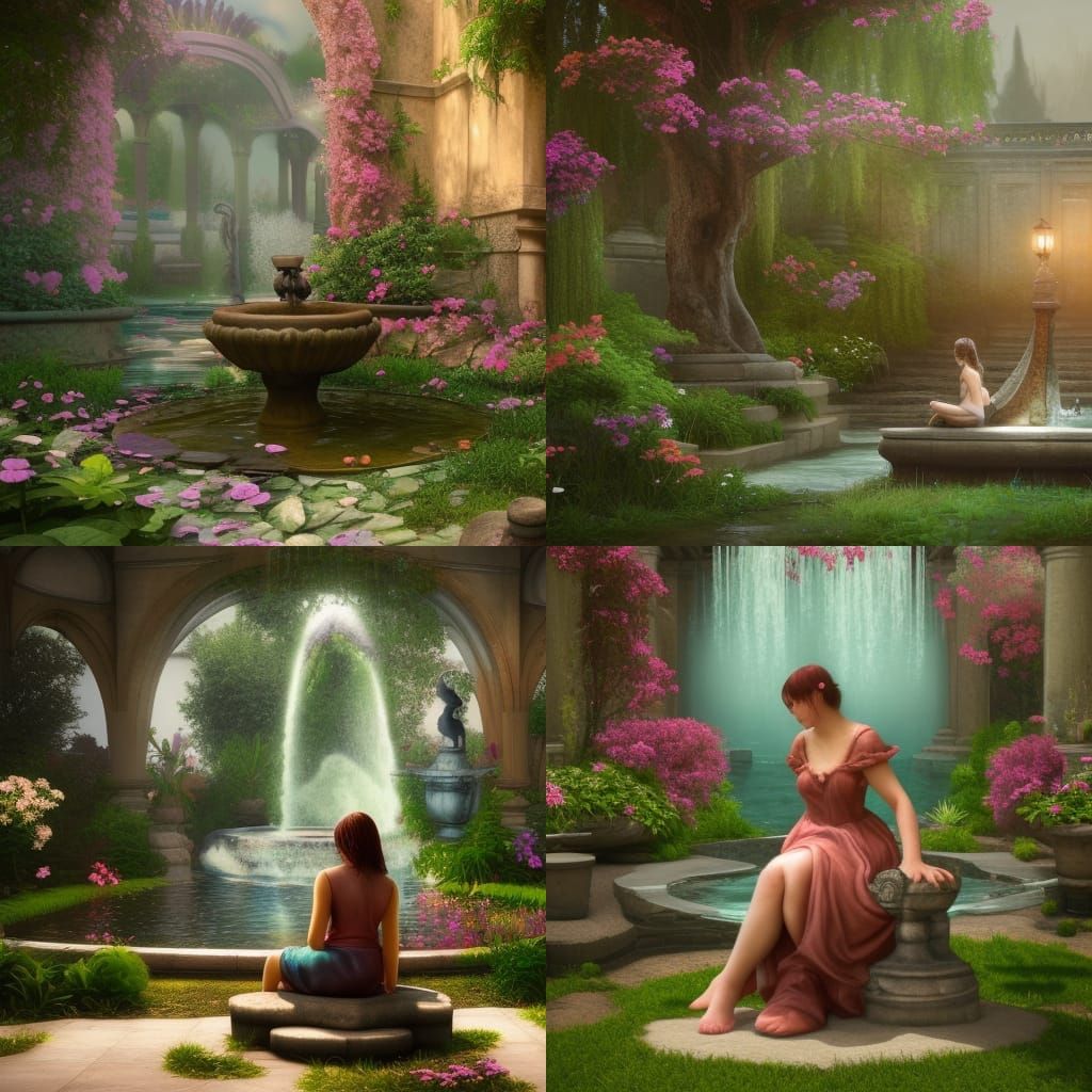 Romantic Woman in Garden, Detailed Matte Painting