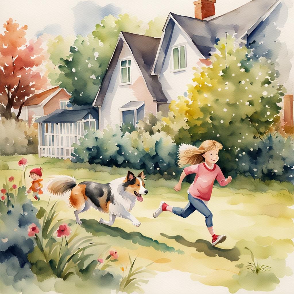 Girl and Collie Dog in Watercolor Art