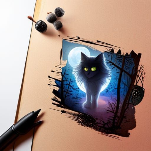 Mysterious Witch and Black Cat in Forest