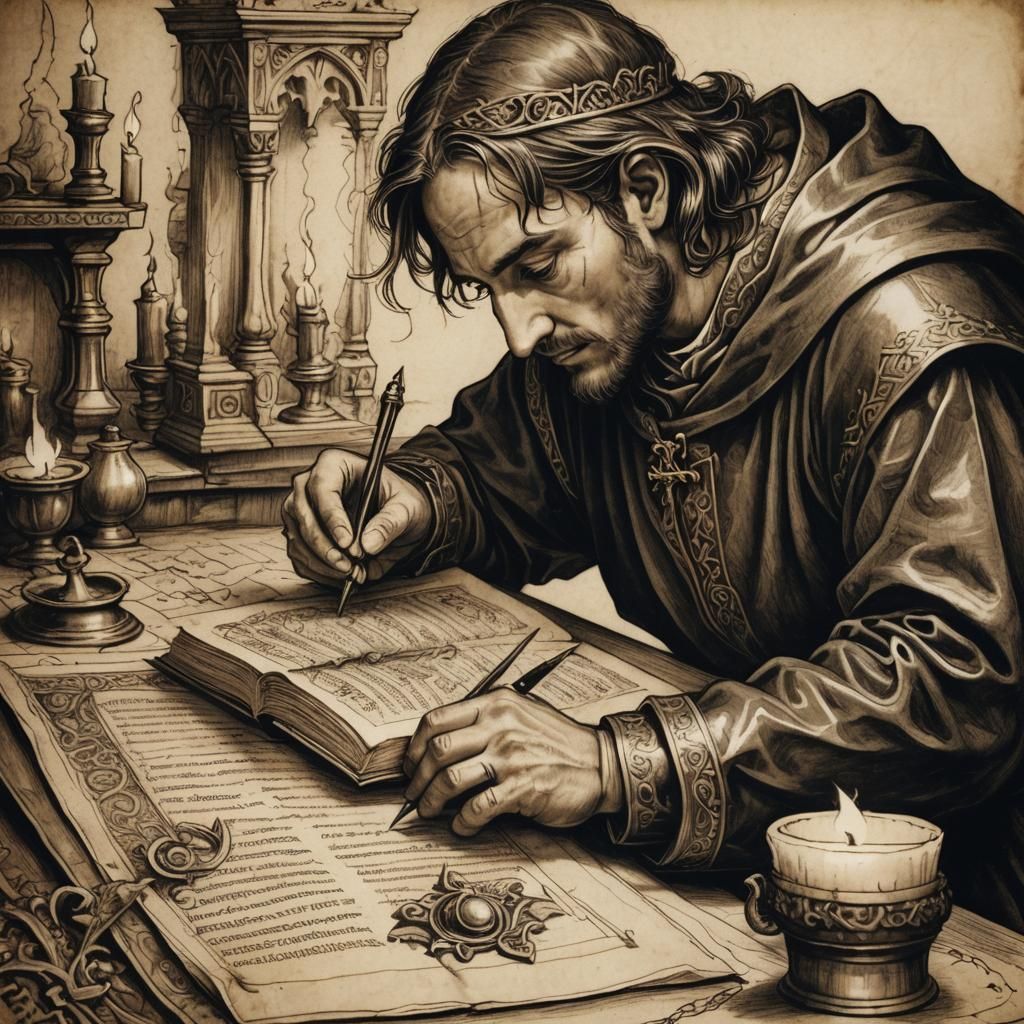 Medieval Scribe Illuminating a Manuscript Border