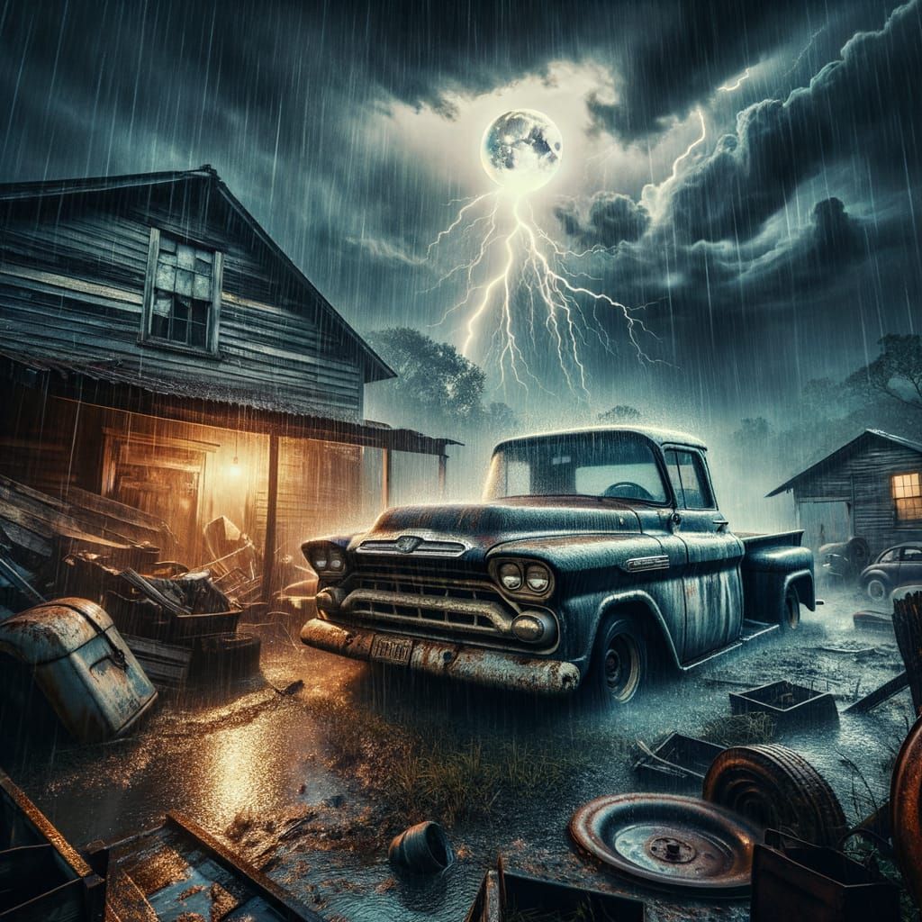 Classic Pickup Truck in Junkyard During Rainstorm