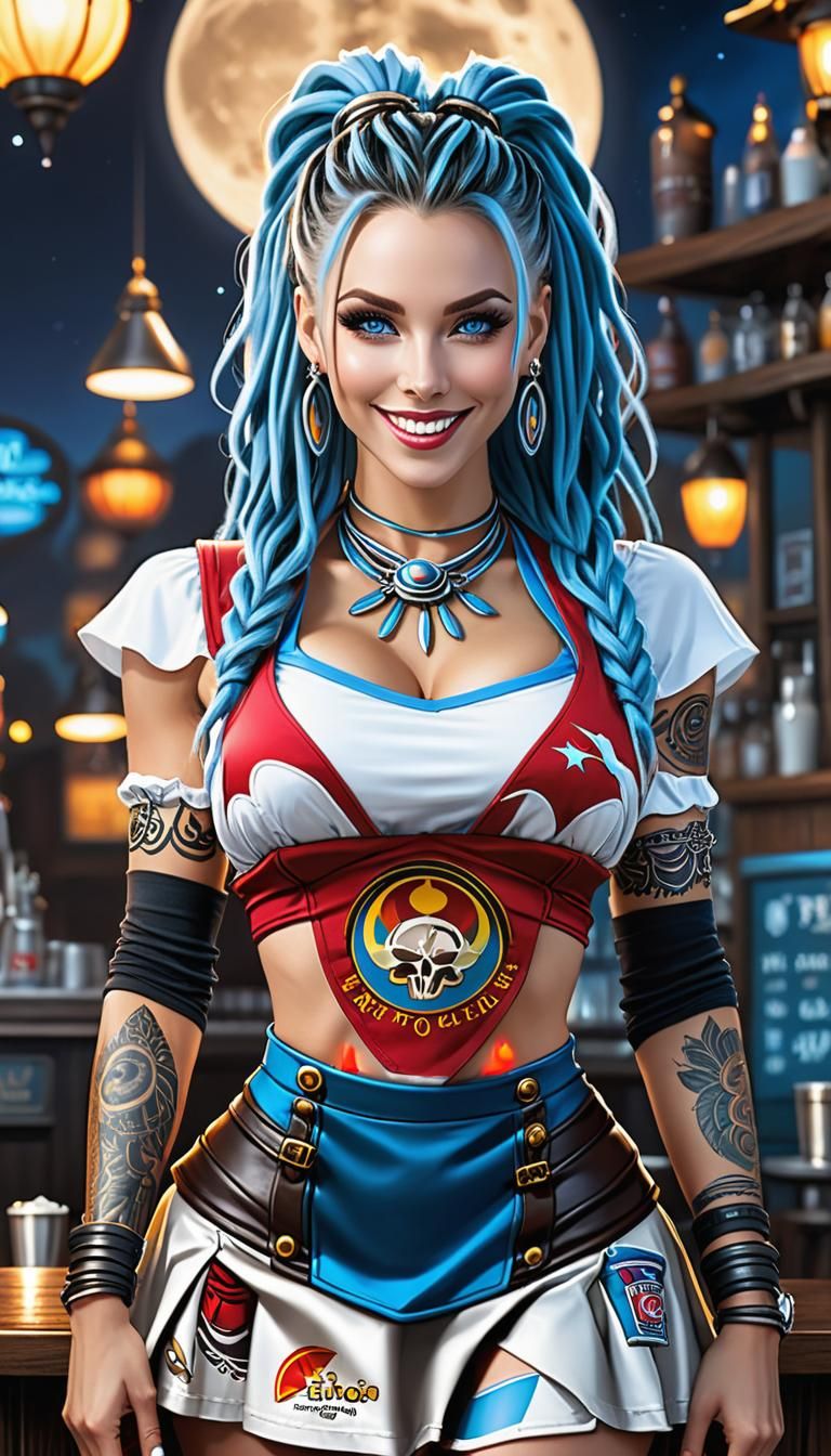 Fantasy Waitress with Blue Dreadlocks Serving Milkshakes