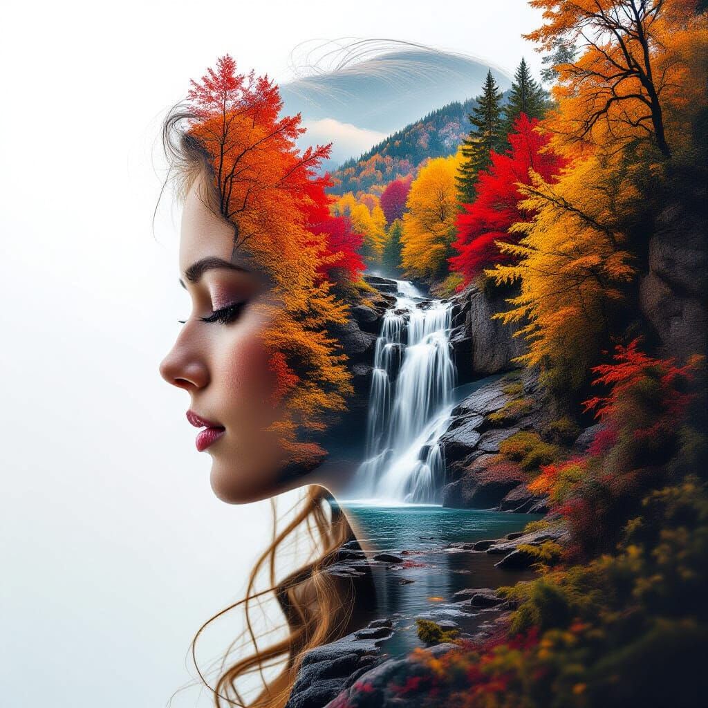 Autumn Waterfall Portrait Double Exposure Photography