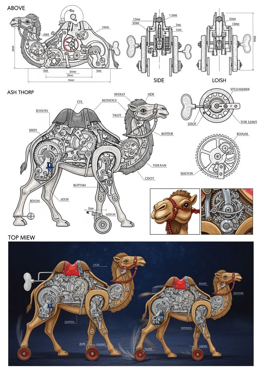 Technical Diagram of Clockwork Camel in Maximalist Style