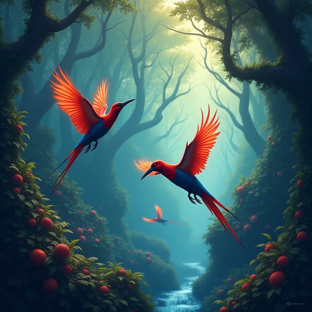 Exotic Birds in Flight: Matte Painting Concept Art