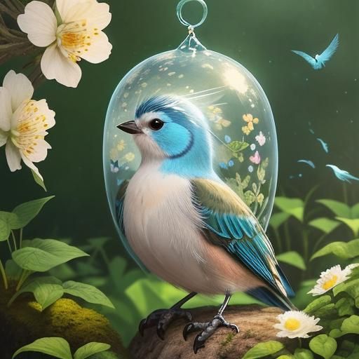 Adorable Bird in Garden: Detailed Digital Art