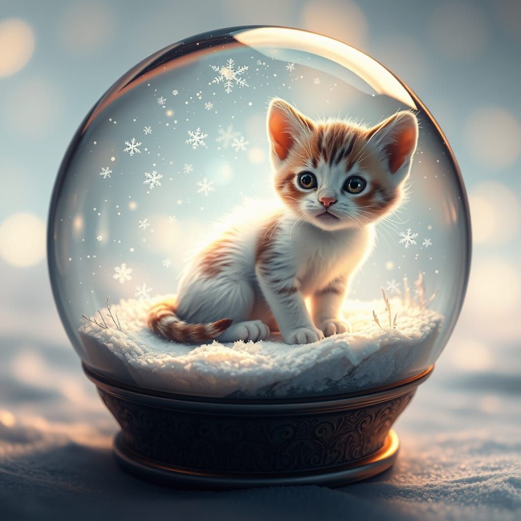 Whimsical Kitten in a Glowing Snow Globe