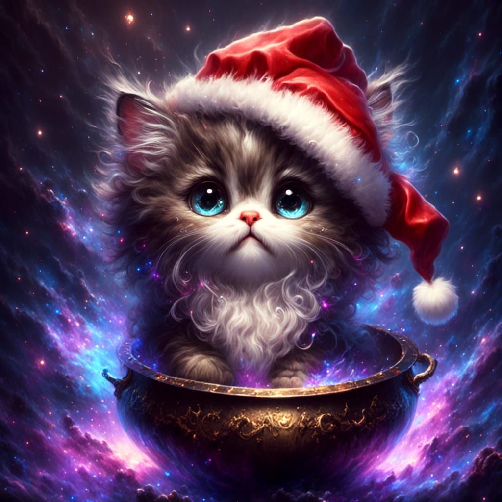 Chibi Kitten in Cauldron with Santa Hat